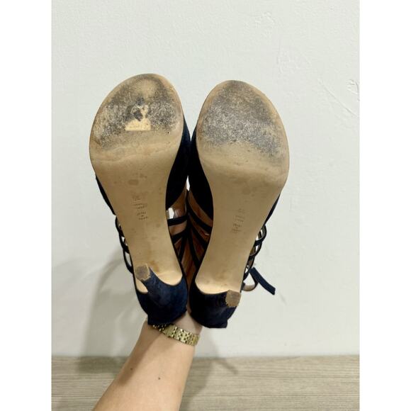 Abel Munoz Eiffel Suede Stilettos Heel Platform Sandals Navy Blue Women's 39/8.5 - Picture 6 of 6